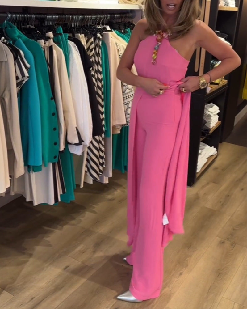 Halter neck slit solid color two piece set